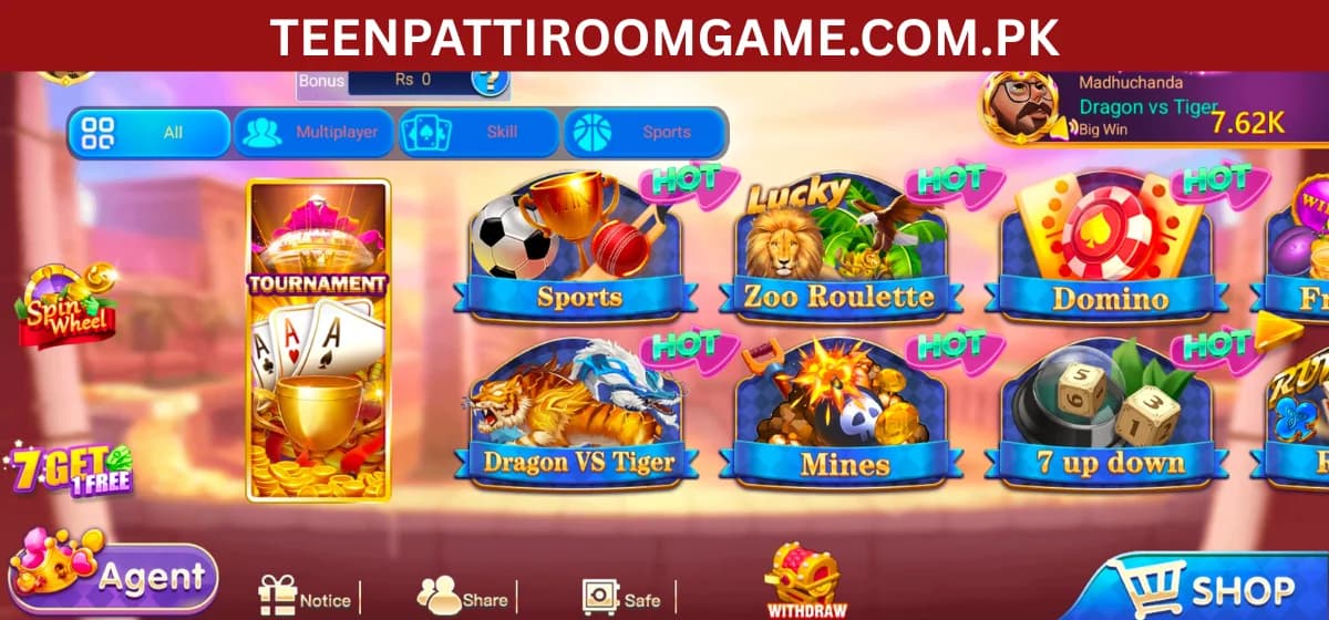 Teen Patti Room app lobby Teen Patti Room APK lobby with sports, roulette, domino, dragon tiger and mines
