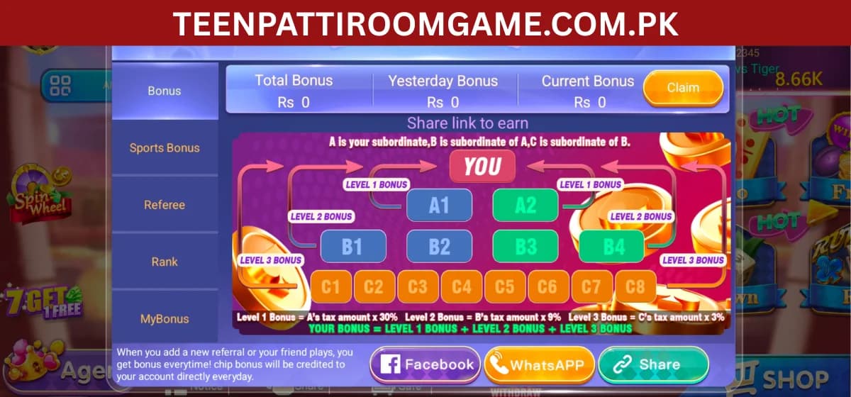 Teen Patti Room referral screen Teen Patti Room refer and earn screen showing referral options